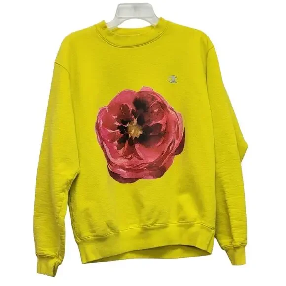 Hand Printed Upcycled Mens Medium Watercolor Peony Flower Long Sleeve Sweatshirt - Picture 1 of 4